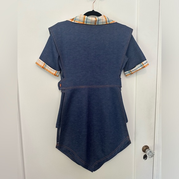 VINTAGE 3-pc 60s/70s denim/plaid print skirt/shirt/tunic set w/apple motif (S) - Picture 7 of 16